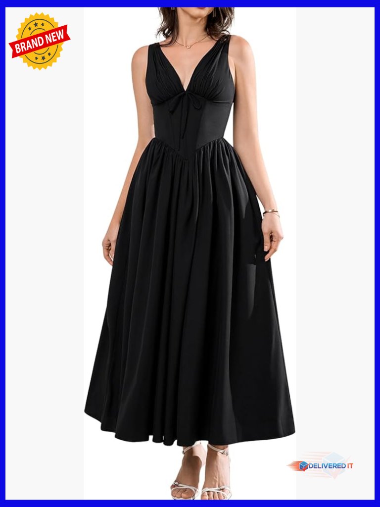 Summer Midi Dress With Pockets V-Neck A-Line Corset Style Wedding Guest